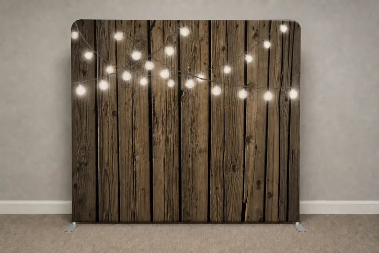 Dark wood and string lights 8 by 8 photo booth backdrop installed in a neutral event space